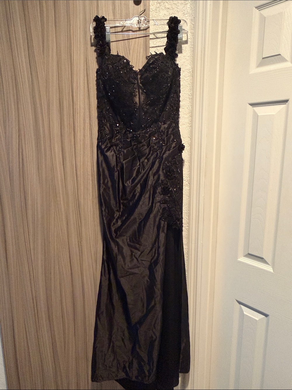 Black Beaded Lace Prom Dress with Strappy Details